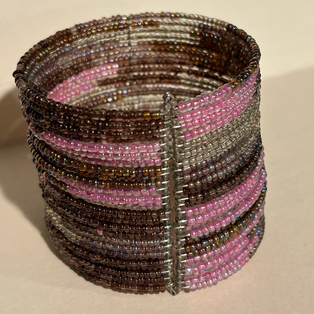 Bohemian Pink and Brown Beaded Cuff Bracelet